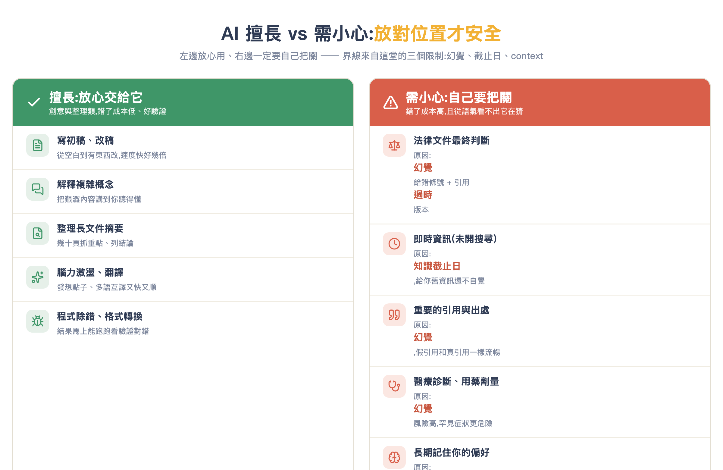 AI 擅長 vs 需小心的任務對照