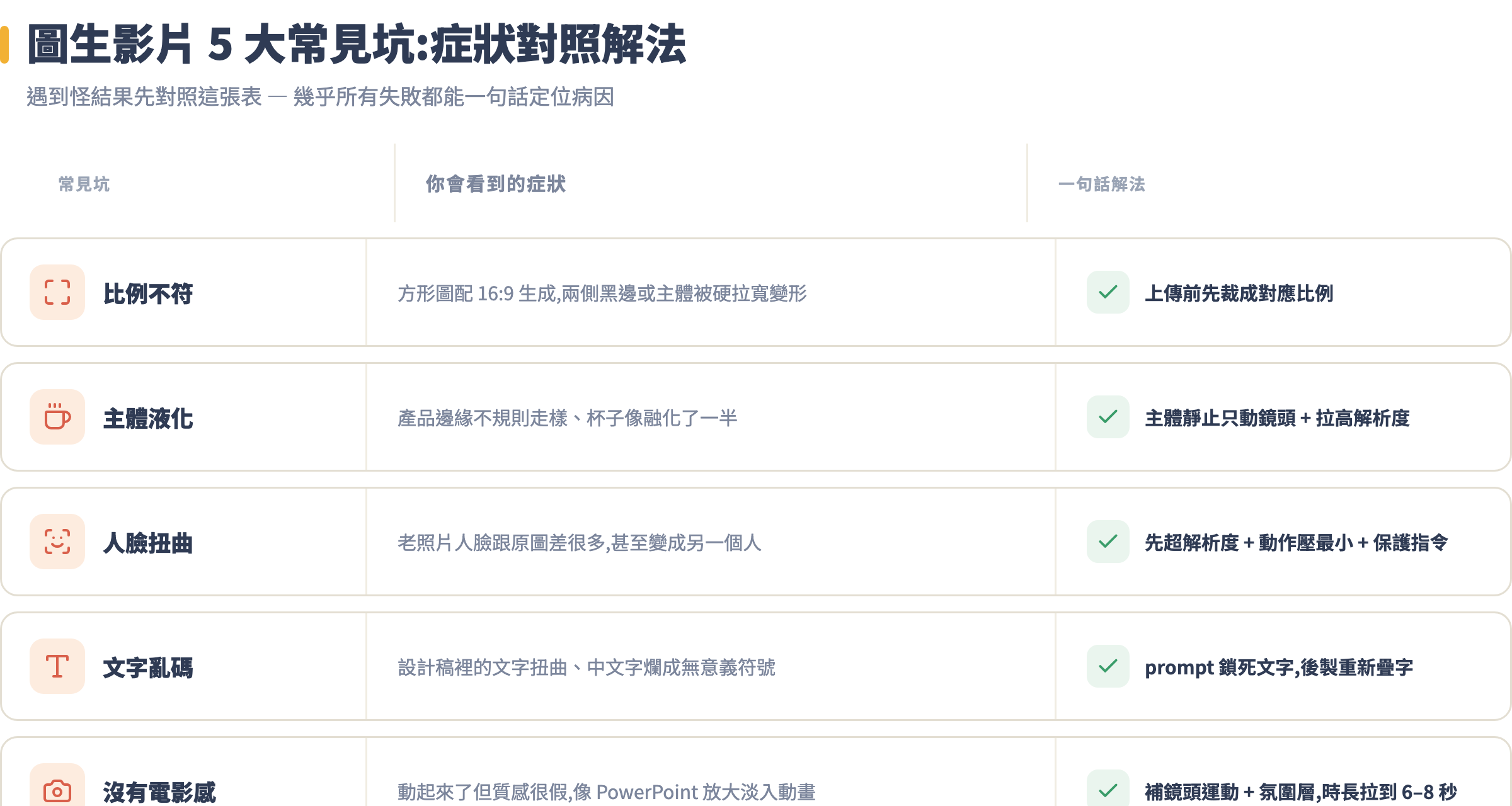 圖生影片五大常見坑對照表:每個坑的症狀與一句話解法,含比例不符、主體液化、人臉扭曲、文字亂碼、缺乏電影感