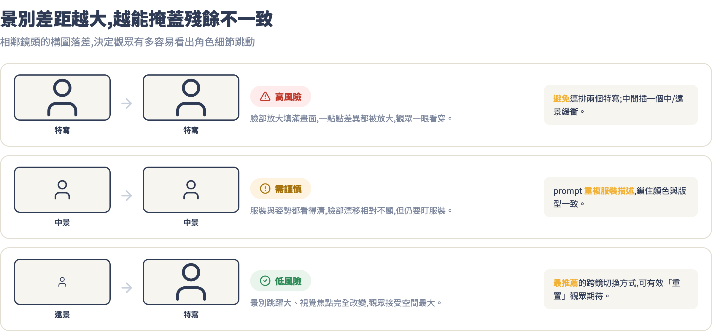 景別差距掩蓋不一致策略:特寫接特寫高風險、中景接中景需謹慎、遠景接特寫低風險