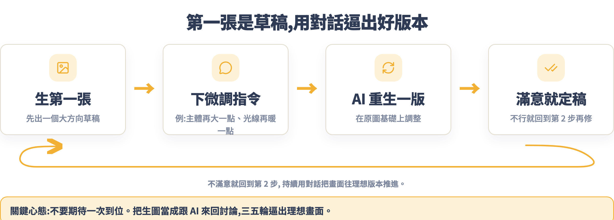 迭代循環:生第一張草稿、下微調指令、AI 重生一版、滿意就定稿,不滿意就回到微調那步