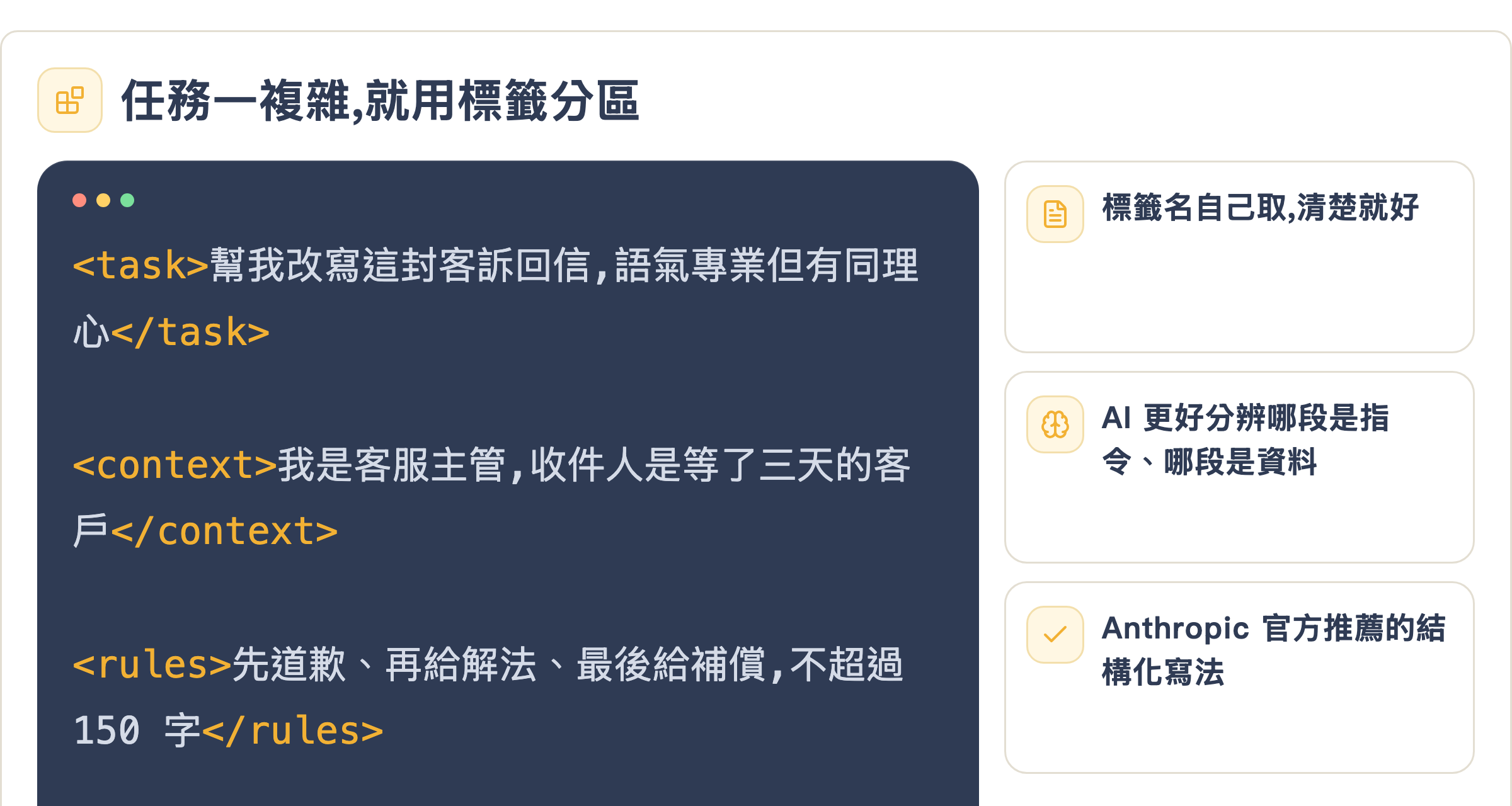 用標籤把複雜的 prompt 分成 task、context、rules、input 四區
