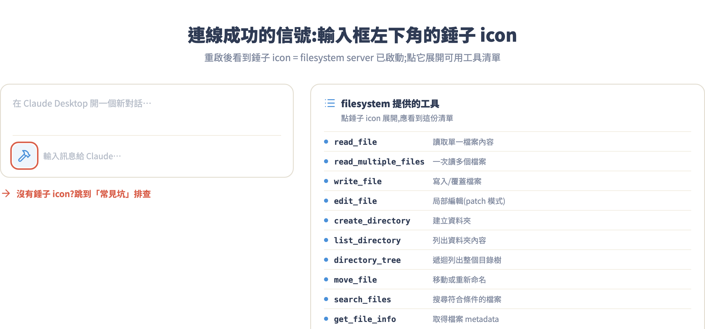 驗證 MCP 連線成功——錘子 icon 位置與工具清單
